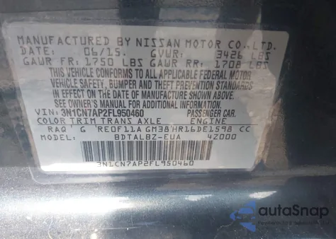 2015 Nissan Versa 1.6 Sv z USA, uszkodzony, nr VIN 3N1CN7AP2FL950460